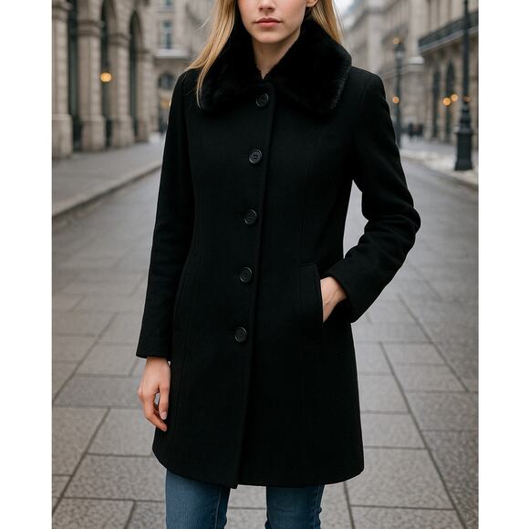 Donnybrook Wool Long Overcoat Dress Coat Removable Faux Fur Collar Black Size 6 - Picture 1 of 14